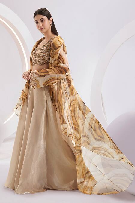 Divya Aggarwal_Yellow Organza Printed Beads Round Abstract Pattern Cape Pant Set _Online_at_Aza_Fashions