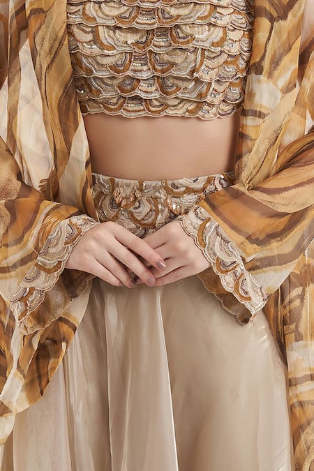 Buy_Divya Aggarwal_Yellow Organza Printed Beads Round Abstract Pattern Cape Pant Set _Online_at_Aza_Fashions