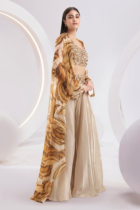 Shop_Divya Aggarwal_Yellow Organza Printed Beads Round Abstract Pattern Cape Pant Set _Online_at_Aza_Fashions