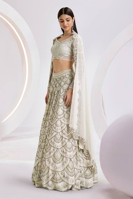 Divya Aggarwal_Ivory Silk Hand Embroidered Pearls Leaf Neck Blouse Bridal Lehenga Set _Online_at_Aza_Fashions