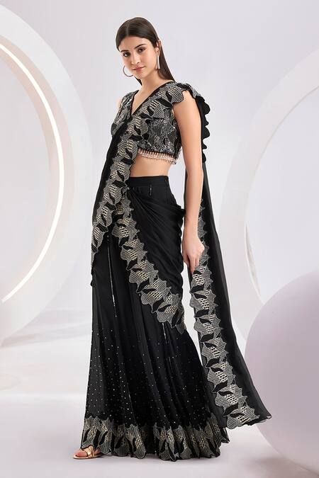 Divya Aggarwal Black Saree Chiffon Satin Hand Embroidered Sequins V Neck Pre-draped Sharara Online at Aza Fashions Divya Aggarwal_Black Saree Chiffon Satin Hand Embroidered Sequins V Neck Pre-draped Sharara _Online_at_Aza_Fashions