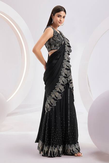 Buy Divya Aggarwal Black Saree Chiffon Satin Hand Embroidered Sequins V Neck Pre-draped Sharara Online at Aza Fashions Buy_Divya Aggarwal_Black Saree Chiffon Satin Hand Embroidered Sequins V Neck Pre-draped Sharara _Online_at_Aza_Fashions