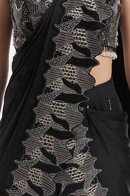 Shop Divya Aggarwal Black Saree Chiffon Satin Hand Embroidered Sequins V Neck Pre-draped Sharara Online at Aza Fashions Shop_Divya Aggarwal_Black Saree Chiffon Satin Hand Embroidered Sequins V Neck Pre-draped Sharara _Online_at_Aza_Fashions
