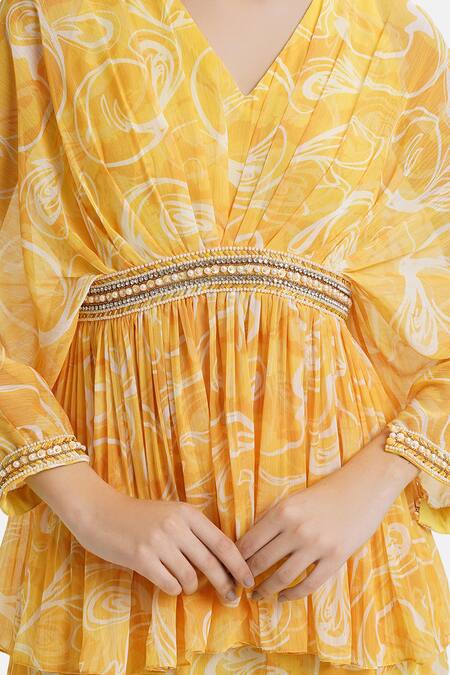 Shop_Divya Aggarwal_Yellow Chiffon Printed Abstract V Neck Kurta And Sharara Set _Online_at_Aza_Fashions