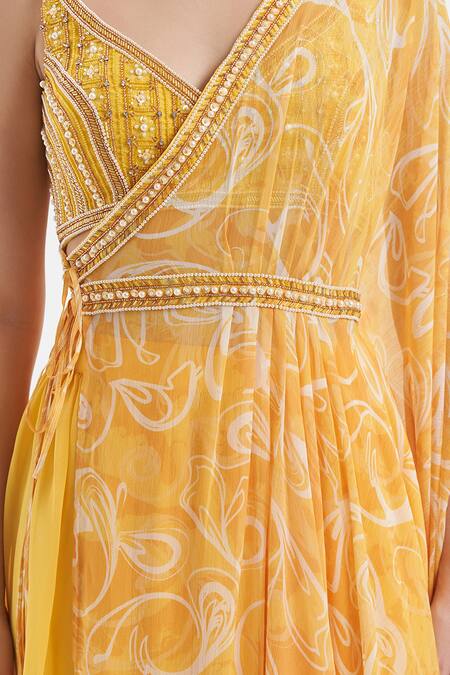 Shop_Divya Aggarwal_Yellow Georgette Printed Abstract V Neck Cape Skirt Set _Online_at_Aza_Fashions