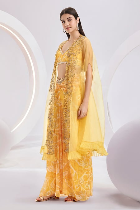 Divya Aggarwal_Yellow Satin Beads, Stones V-neck Hand Embroidered Cape Skirt Set _Online_at_Aza_Fashions