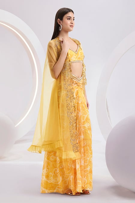 Buy_Divya Aggarwal_Yellow Satin Beads, Stones V-neck Hand Embroidered Cape Skirt Set _Online_at_Aza_Fashions