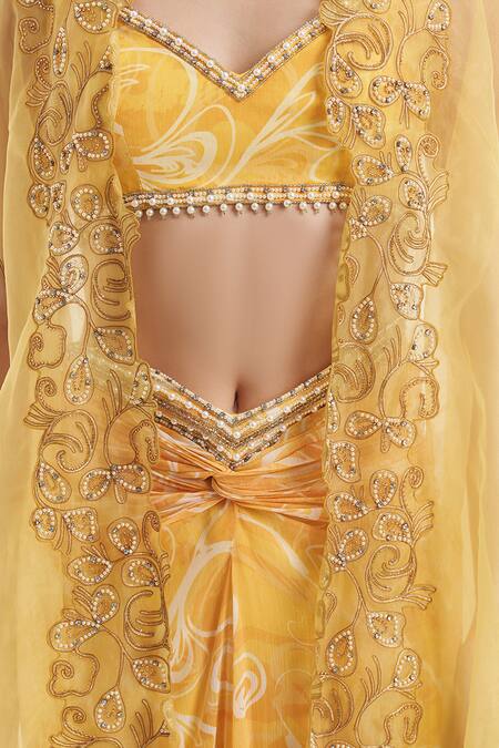 Shop_Divya Aggarwal_Yellow Satin Beads, Stones V-neck Hand Embroidered Cape Skirt Set _Online_at_Aza_Fashions