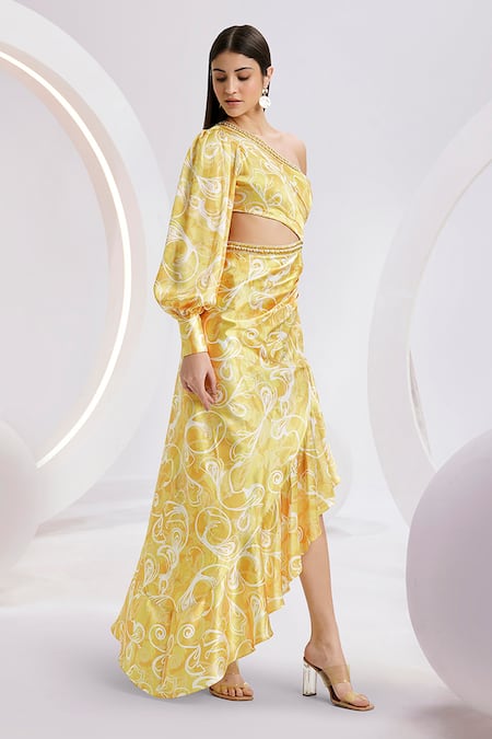 Buy_Divya Aggarwal_Yellow Satin Printed Abstract One Shoulder Dress _Online_at_Aza_Fashions