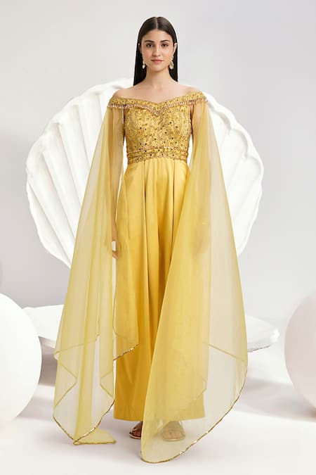 Divya Aggarwal_Yellow Heavy Satin Hand Embroidered Beads Off Shoulder Bodice Jumpsuit _Online_at_Aza_Fashions