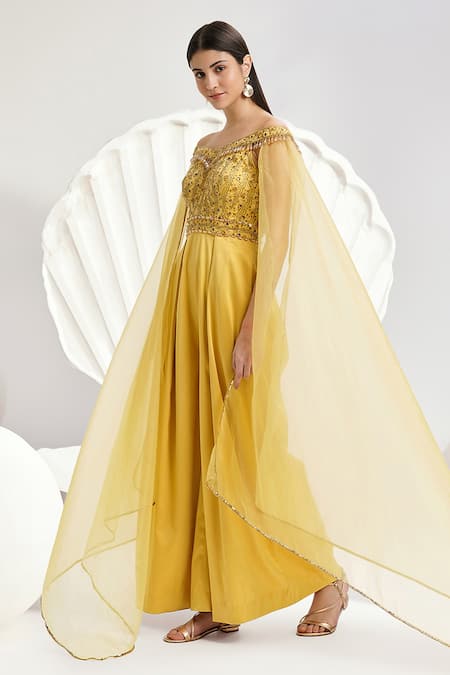 Buy_Divya Aggarwal_Yellow Heavy Satin Hand Embroidered Beads Off Shoulder Bodice Jumpsuit _Online_at_Aza_Fashions