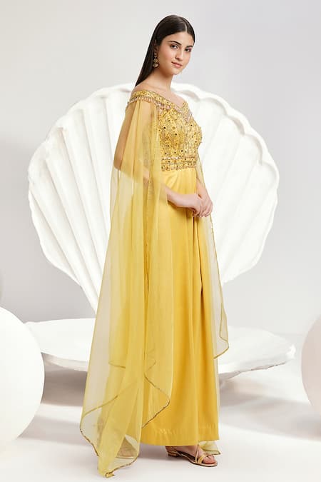Shop_Divya Aggarwal_Yellow Heavy Satin Hand Embroidered Beads Off Shoulder Bodice Jumpsuit _Online_at_Aza_Fashions