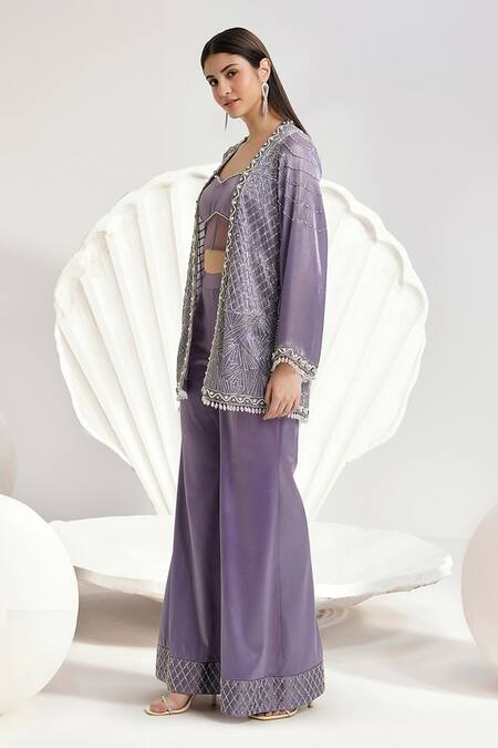 Divya Aggarwal_Purple Metallic Organza Hand Embroidered Beads Lavender Jacket Pant Set _Online_at_Aza_Fashions