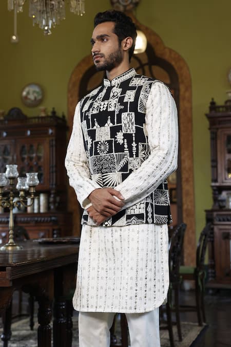 Vikram Phadnis Black & Ivory Embroidered Bundi Kurta Set 