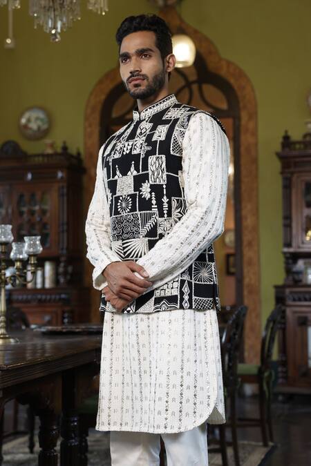 Vikram Phadnis_Black Bundi And Kurta Silk Embroidery Thread & Ivory Set _Online_at_Aza_Fashions