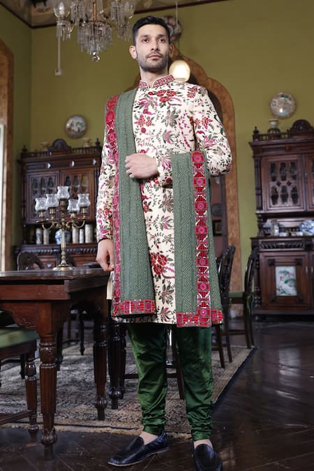 Shop Vikram Phadnis Ivory Sherwani Embroidery Thread Silk Floral Jaal Set at Aza Fashions Shop_Vikram Phadnis_Ivory Sherwani Embroidery Thread Silk Floral Jaal Set _at_Aza_Fashions