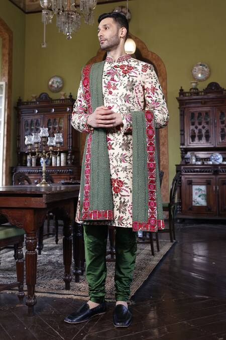 Vikram Phadnis Ivory Sherwani Embroidery Thread Silk Floral Jaal Set Online at Aza Fashions Vikram Phadnis_Ivory Sherwani Embroidery Thread Silk Floral Jaal Set _Online_at_Aza_Fashions