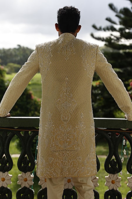 Shop Vikram Phadnis Ivory Sherwani And Kurta Raw Silk Embroidery Thread Hand Set at Aza Fashions Shop_Vikram Phadnis_Ivory Sherwani And Kurta Raw Silk Embroidery Thread Hand Set _at_Aza_Fashions