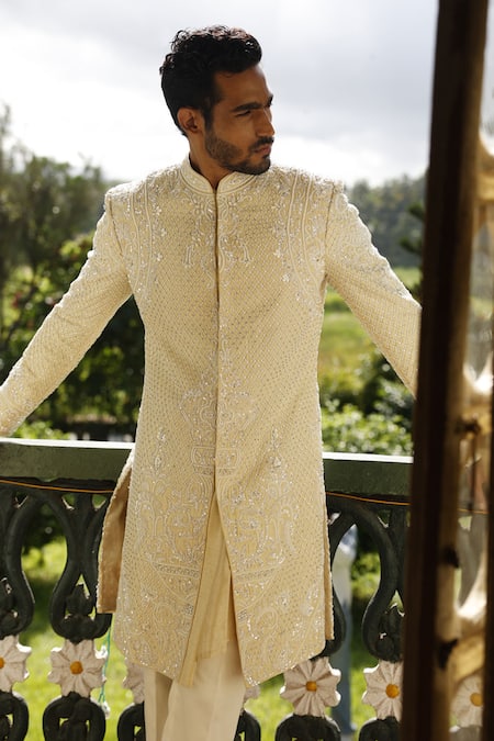 Vikram Phadnis Ivory Sherwani And Kurta Raw Silk Embroidery Thread Hand Set Online at Aza Fashions Vikram Phadnis_Ivory Sherwani And Kurta Raw Silk Embroidery Thread Hand Set _Online_at_Aza_Fashions