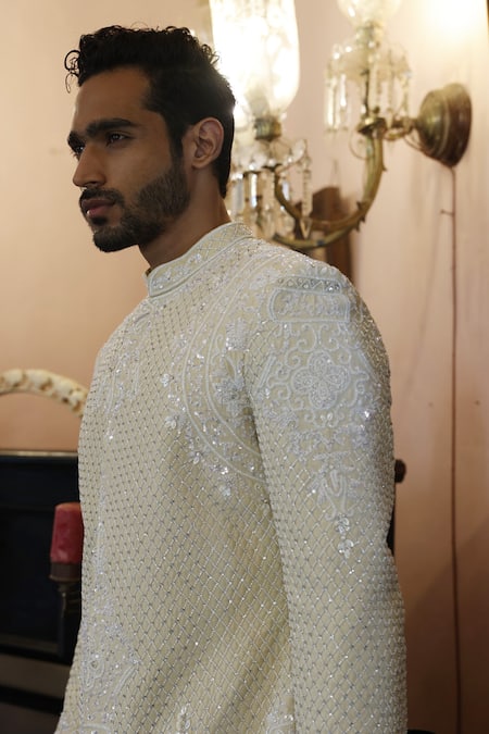 Buy Vikram Phadnis Ivory Sherwani And Kurta Raw Silk Embroidery Thread Hand Set Online at Aza Fashions Buy_Vikram Phadnis_Ivory Sherwani And Kurta Raw Silk Embroidery Thread Hand Set _Online_at_Aza_Fashions