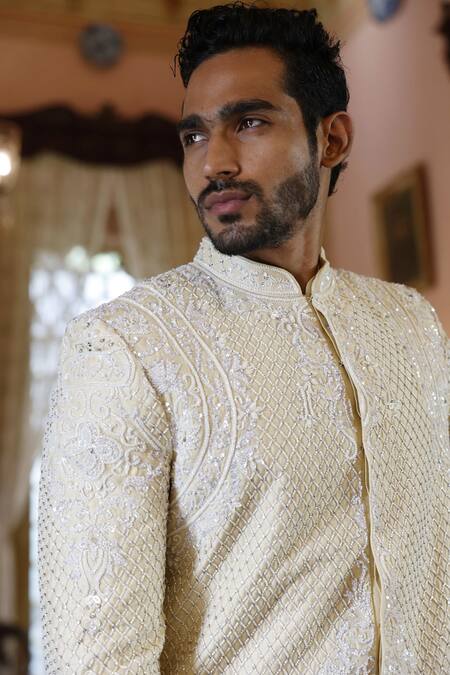 Vikram Phadnis Ivory Sherwani And Kurta Raw Silk Embroidery Thread Hand Set at Aza Fashions Vikram Phadnis_Ivory Sherwani And Kurta Raw Silk Embroidery Thread Hand Set _at_Aza_Fashions