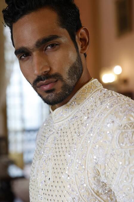 Buy Vikram Phadnis Ivory Sherwani And Kurta Raw Silk Embroidery Thread Hand Set Buy_Vikram Phadnis_Ivory Sherwani And Kurta Raw Silk Embroidery Thread Hand Set