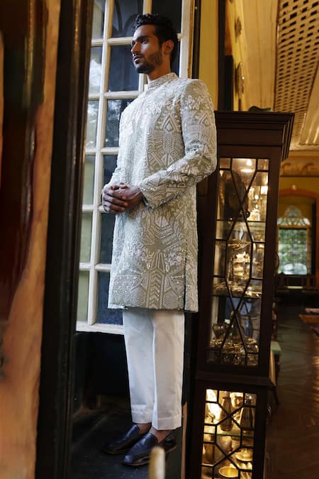 Shop Vikram Phadnis Green Sherwani And Kurta Raw Silk Embroidery Thread Set at Aza Fashions Shop_Vikram Phadnis_Green Sherwani And Kurta Raw Silk Embroidery Thread Set _at_Aza_Fashions