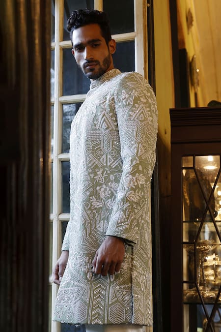 Vikram Phadnis Green Sherwani And Kurta Raw Silk Embroidery Thread Set Online at Aza Fashions Vikram Phadnis_Green Sherwani And Kurta Raw Silk Embroidery Thread Set _Online_at_Aza_Fashions
