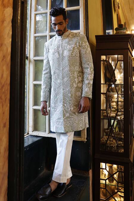 Buy Vikram Phadnis Green Sherwani And Kurta Raw Silk Embroidery Thread Set Online at Aza Fashions Buy_Vikram Phadnis_Green Sherwani And Kurta Raw Silk Embroidery Thread Set _Online_at_Aza_Fashions