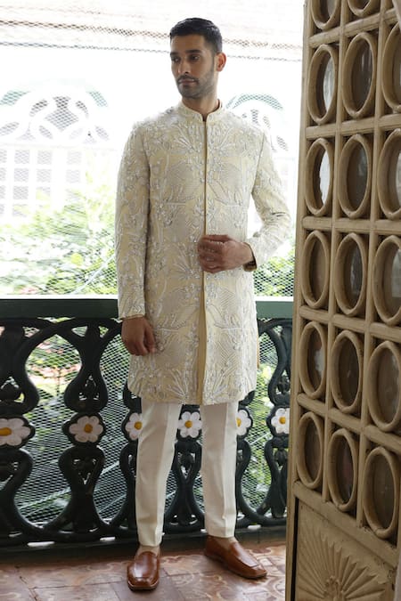 Vikram Phadnis Ivory Silk Embroidery Thread Sherwani Set 