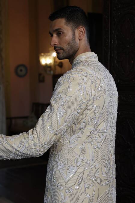 Shop Vikram Phadnis Ivory Silk Embroidery Thread Sherwani Set at Aza Fashions Shop_Vikram Phadnis_Ivory Silk Embroidery Thread Sherwani Set _at_Aza_Fashions