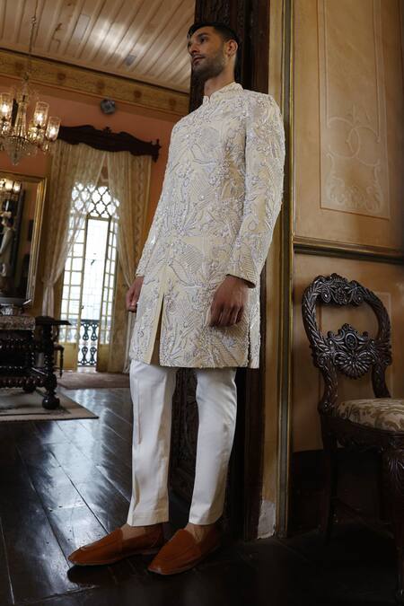 Vikram Phadnis Ivory Silk Embroidery Thread Sherwani Set Online at Aza Fashions Vikram Phadnis_Ivory Silk Embroidery Thread Sherwani Set _Online_at_Aza_Fashions