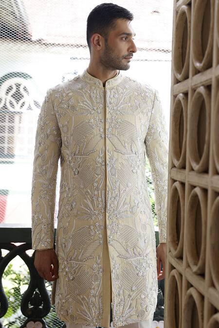 Buy Vikram Phadnis Ivory Silk Embroidery Thread Sherwani Set Online at Aza Fashions Buy_Vikram Phadnis_Ivory Silk Embroidery Thread Sherwani Set _Online_at_Aza_Fashions