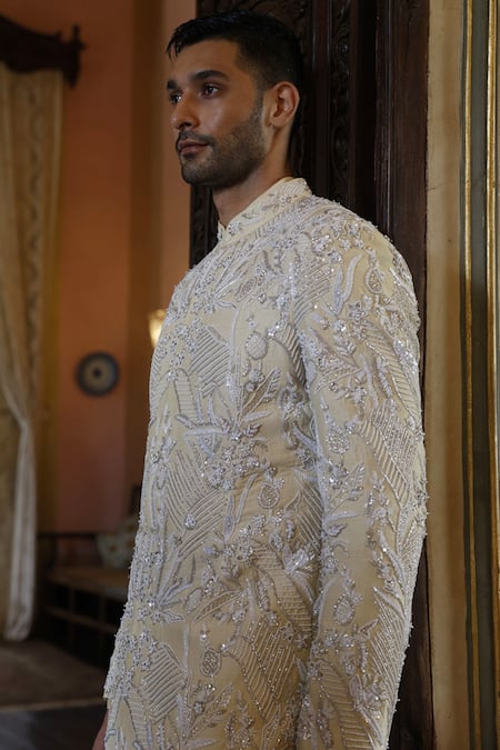 Shop Vikram Phadnis Ivory Silk Embroidery Thread Sherwani Set Online at Aza Fashions Shop_Vikram Phadnis_Ivory Silk Embroidery Thread Sherwani Set _Online_at_Aza_Fashions