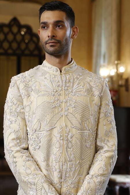 Vikram Phadnis Ivory Silk Embroidery Thread Sherwani Set at Aza Fashions Vikram Phadnis_Ivory Silk Embroidery Thread Sherwani Set _at_Aza_Fashions