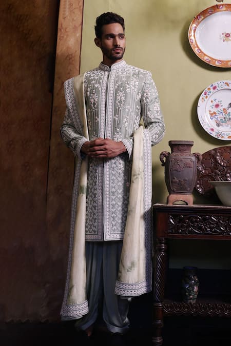 Vikram Phadnis Silk Embroidered Sherwani Set With Stole 