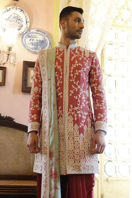 Shop Vikram Phadnis Peach Sherwani Embroidery Thread Silk Floral Set With Stole at Aza Fashions Shop_Vikram Phadnis_Peach Sherwani Embroidery Thread Silk Floral Set With Stole _at_Aza_Fashions