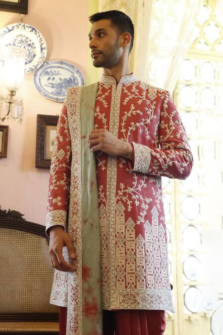 Vikram Phadnis Peach Sherwani Embroidery Thread Silk Floral Set With Stole Online at Aza Fashions Vikram Phadnis_Peach Sherwani Embroidery Thread Silk Floral Set With Stole _Online_at_Aza_Fashions