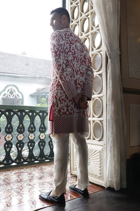 Buy Vikram Phadnis Peach Sherwani And Kurta Silk Embroidery Cutdana Floral Set Online at Aza Fashions Buy_Vikram Phadnis_Peach Sherwani And Kurta Silk Embroidery Cutdana Floral Set _Online_at_Aza_Fashions