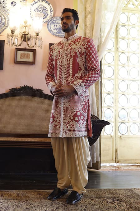 Vikram Phadnis Peach Sherwani And Kurta Raw Silk Embroidery Cutdana Salwar Set 