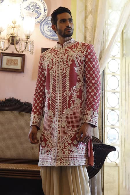 Shop Vikram Phadnis Peach Sherwani And Kurta Raw Silk Embroidery Cutdana Salwar Set at Aza Fashions Shop_Vikram Phadnis_Peach Sherwani And Kurta Raw Silk Embroidery Cutdana Salwar Set _at_Aza_Fashions