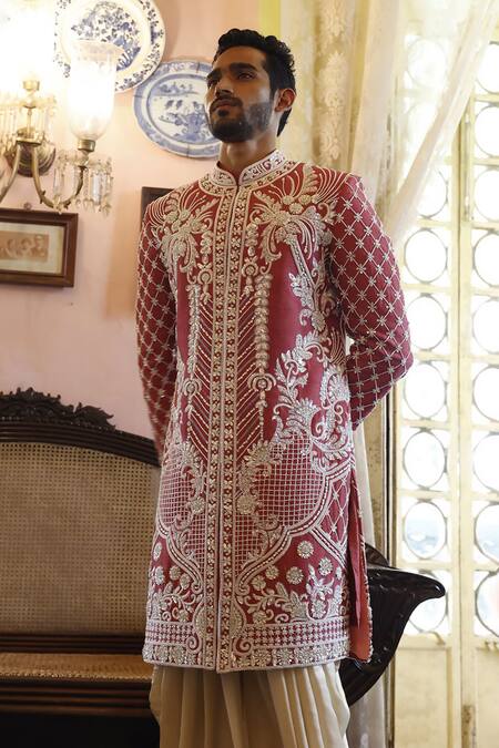 Vikram Phadnis Peach Sherwani And Kurta Raw Silk Embroidery Cutdana Salwar Set Online at Aza Fashions Vikram Phadnis_Peach Sherwani And Kurta Raw Silk Embroidery Cutdana Salwar Set _Online_at_Aza_Fashions