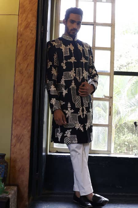 Vikram Phadnis Raw Silk Geometric Embroidered Sherwani Set 