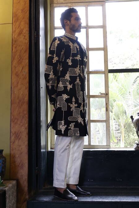 Vikram Phadnis Raw Silk Geometric Embroidered Sherwani Set 