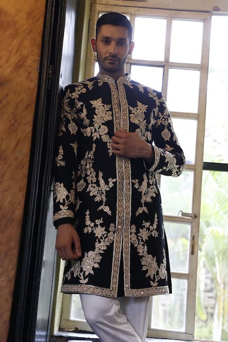 Buy Vikram Phadnis Black Sherwani And Kurta Raw Silk Embroidery Resham Set Online at Aza Fashions Buy_Vikram Phadnis_Black Sherwani And Kurta Raw Silk Embroidery Resham Set _Online_at_Aza_Fashions
