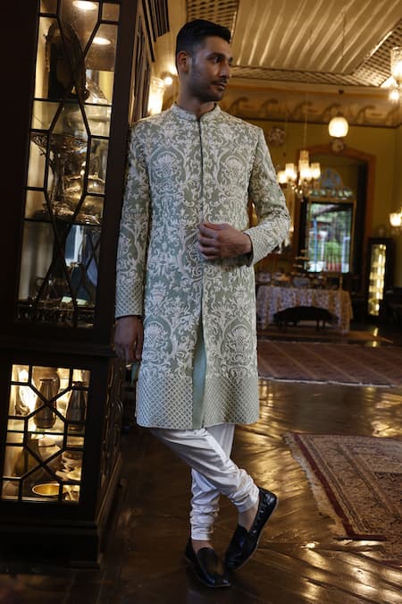 Vikram Phadnis Raw Silk Floral Embroidered Sherwani Set 