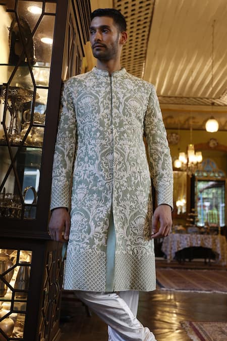 Shop Vikram Phadnis Green Sherwani And Kurta Raw Silk Embroidery Thread Floral Set at Aza Fashions Shop_Vikram Phadnis_Green Sherwani And Kurta Raw Silk Embroidery Thread Floral Set _at_Aza_Fashions