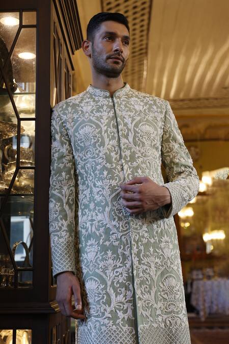 Buy Vikram Phadnis Green Sherwani And Kurta Raw Silk Embroidery Thread Floral Set Online at Aza Fashions Buy_Vikram Phadnis_Green Sherwani And Kurta Raw Silk Embroidery Thread Floral Set _Online_at_Aza_Fashions