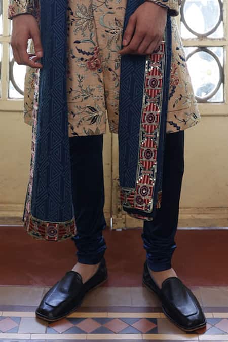 Shop_Vikram Phadnis_Beige Sherwani Embroidery Thread Silk Floral Jaal Set With Stole _Online_at_Aza_Fashions