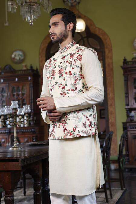Shop_Vikram Phadnis_Ivory Bundi And Kurta Silk Embroidery Zari Thread & Set _Online_at_Aza_Fashions